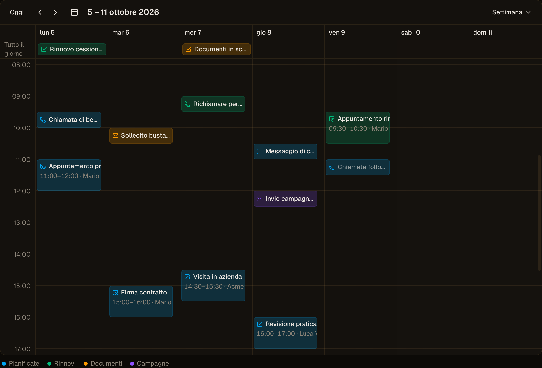 Il Calendario dell'Agenda nella vista Settimana: Azioni colorate per origine, con l'icona del tipo, l'orario e il contatto