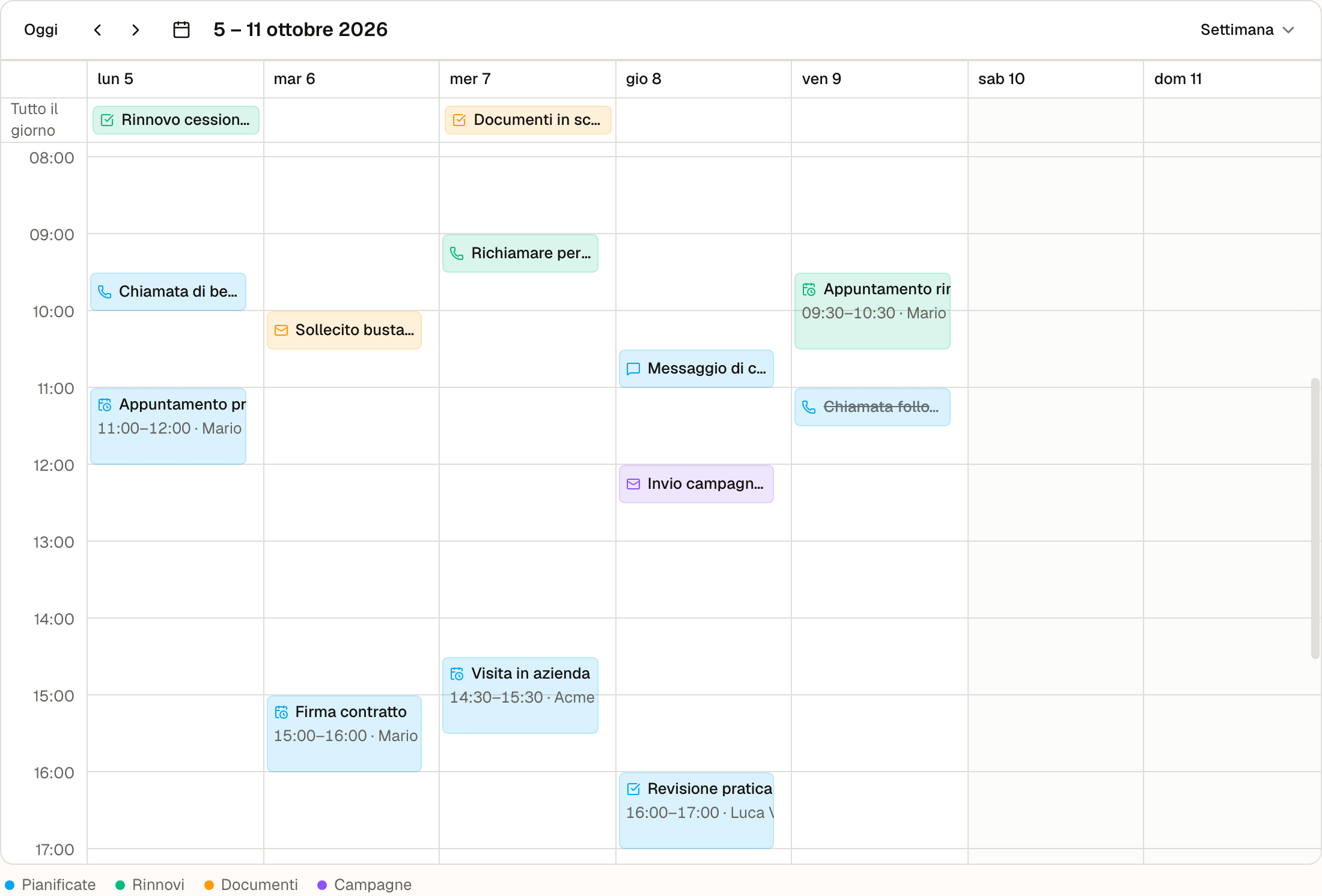 Il Calendario dell'Agenda nella vista Settimana: Azioni colorate per origine, con l'icona del tipo, l'orario e il contatto
