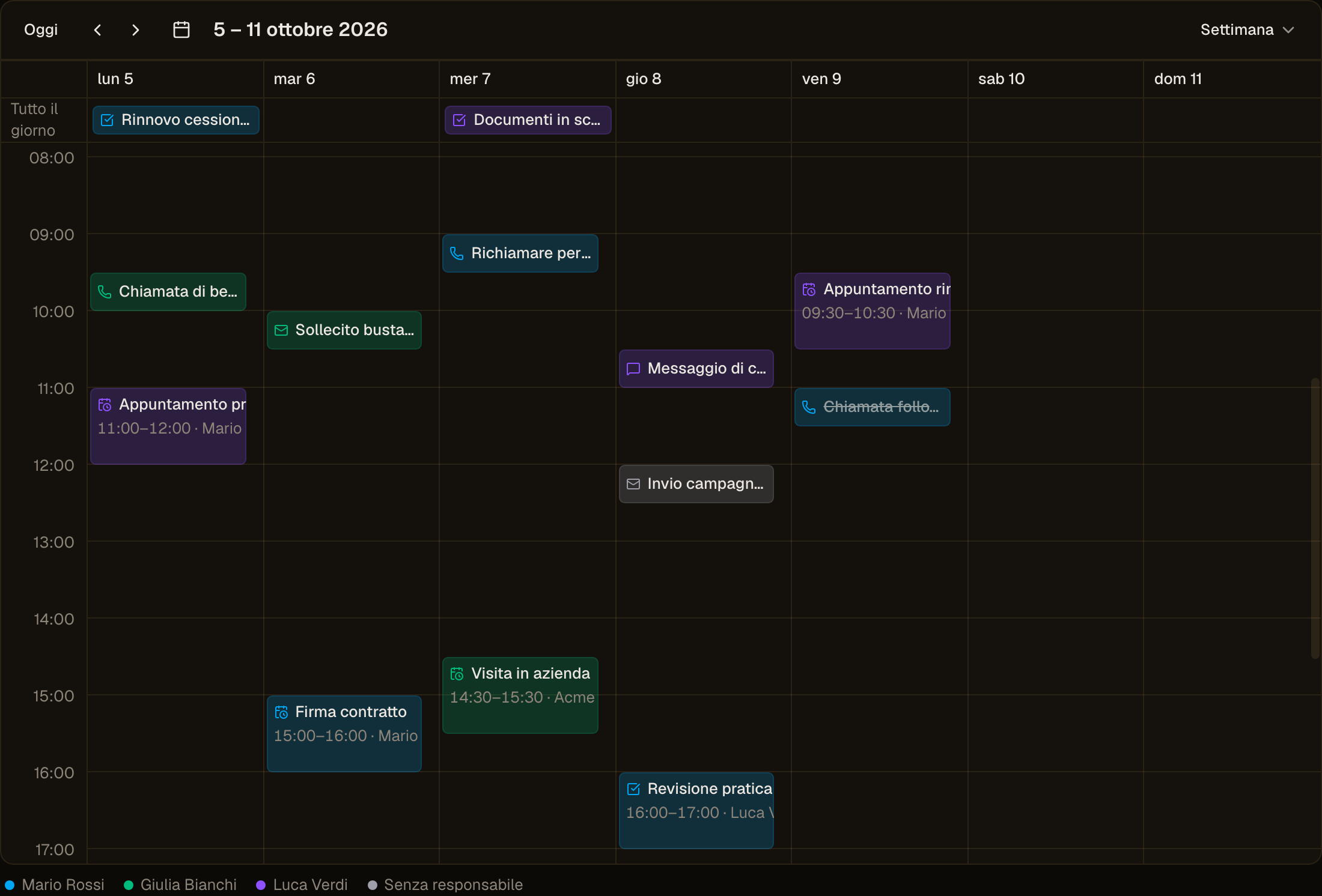 Il Calendario nella vista di team: le Azioni di tre persone con un colore per persona e quelle senza responsabile in grigio