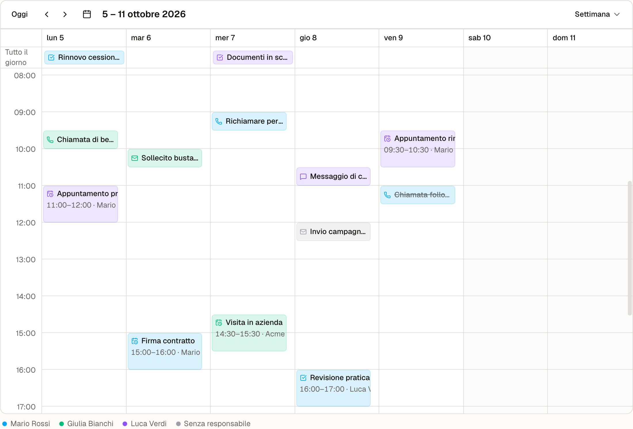 Il Calendario nella vista di team: le Azioni di tre persone con un colore per persona e quelle senza responsabile in grigio
