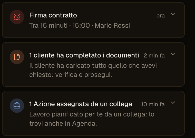 Tre notifiche impilate: la sveglia di Firma contratto tra 15 minuti con Mario Rossi, un cliente che ha completato i documenti e un'Azione assegnata da un collega