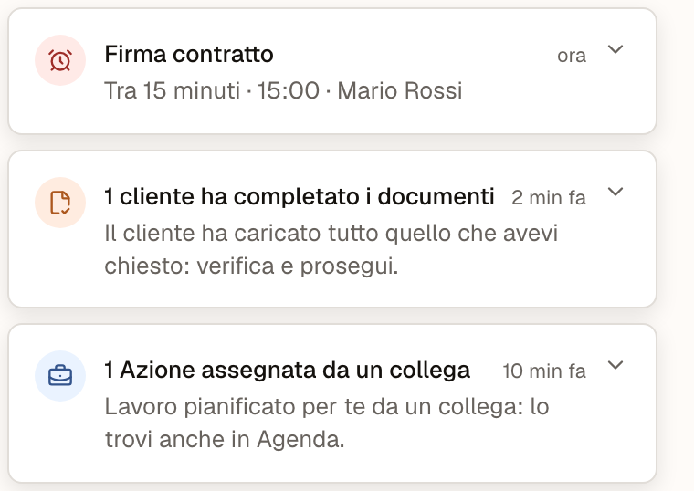 Tre notifiche impilate: la sveglia di Firma contratto tra 15 minuti con Mario Rossi, un cliente che ha completato i documenti e un'Azione assegnata da un collega