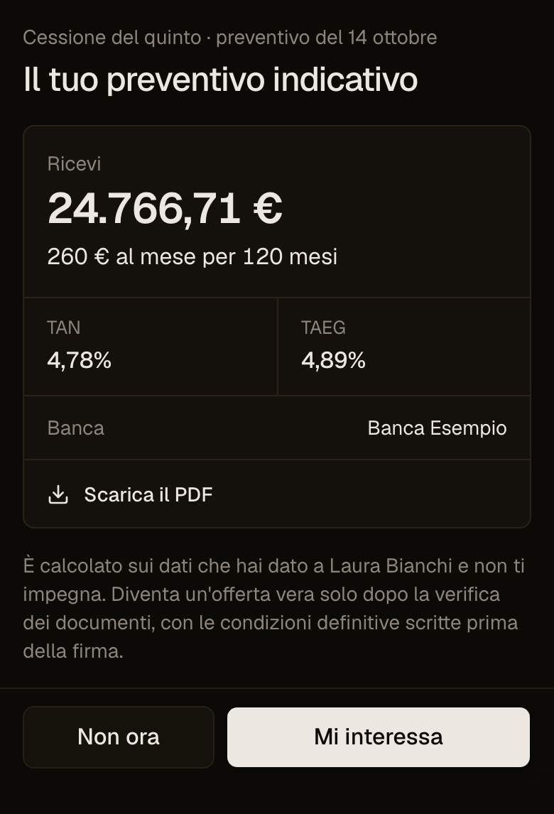 Il preventivo sulla pagina del cliente, da telefono: cessione del quinto, ricevi 24.766,71 euro, 260 euro al mese per 120 mesi, TAN e TAEG, banca, Scarica il PDF e i pulsanti Non ora e Mi interessa