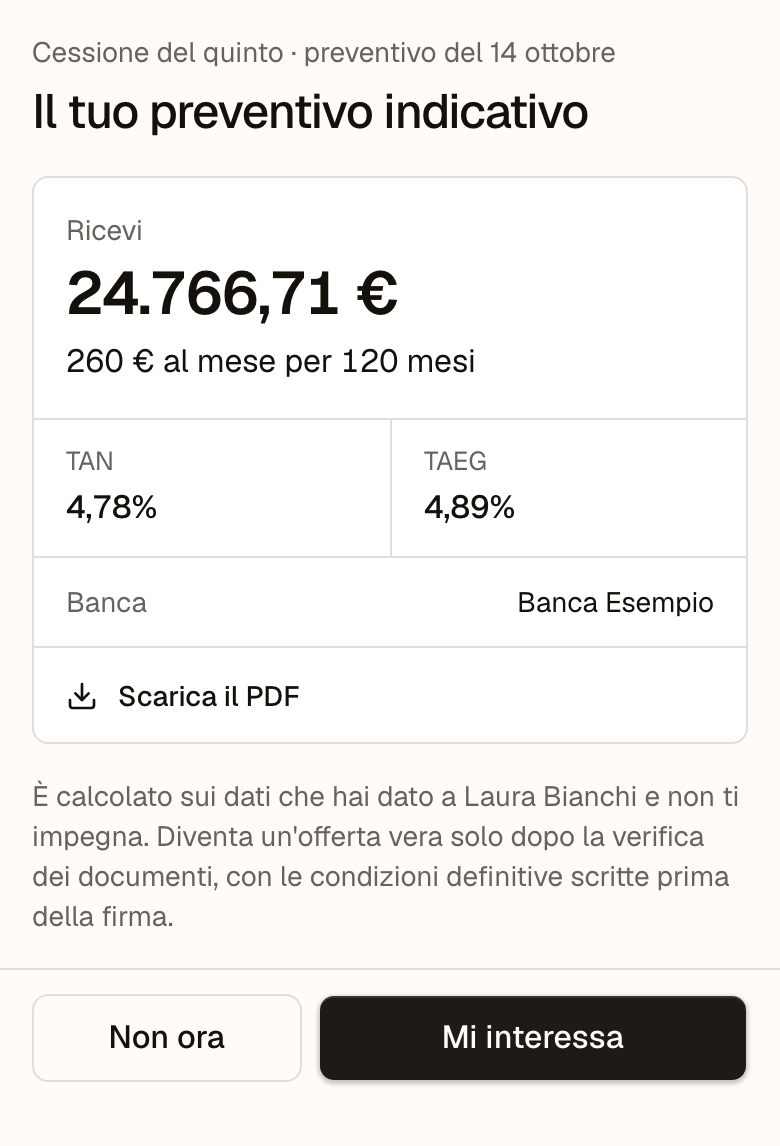Il preventivo sulla pagina del cliente, da telefono: cessione del quinto, ricevi 24.766,71 euro, 260 euro al mese per 120 mesi, TAN e TAEG, banca, Scarica il PDF e i pulsanti Non ora e Mi interessa